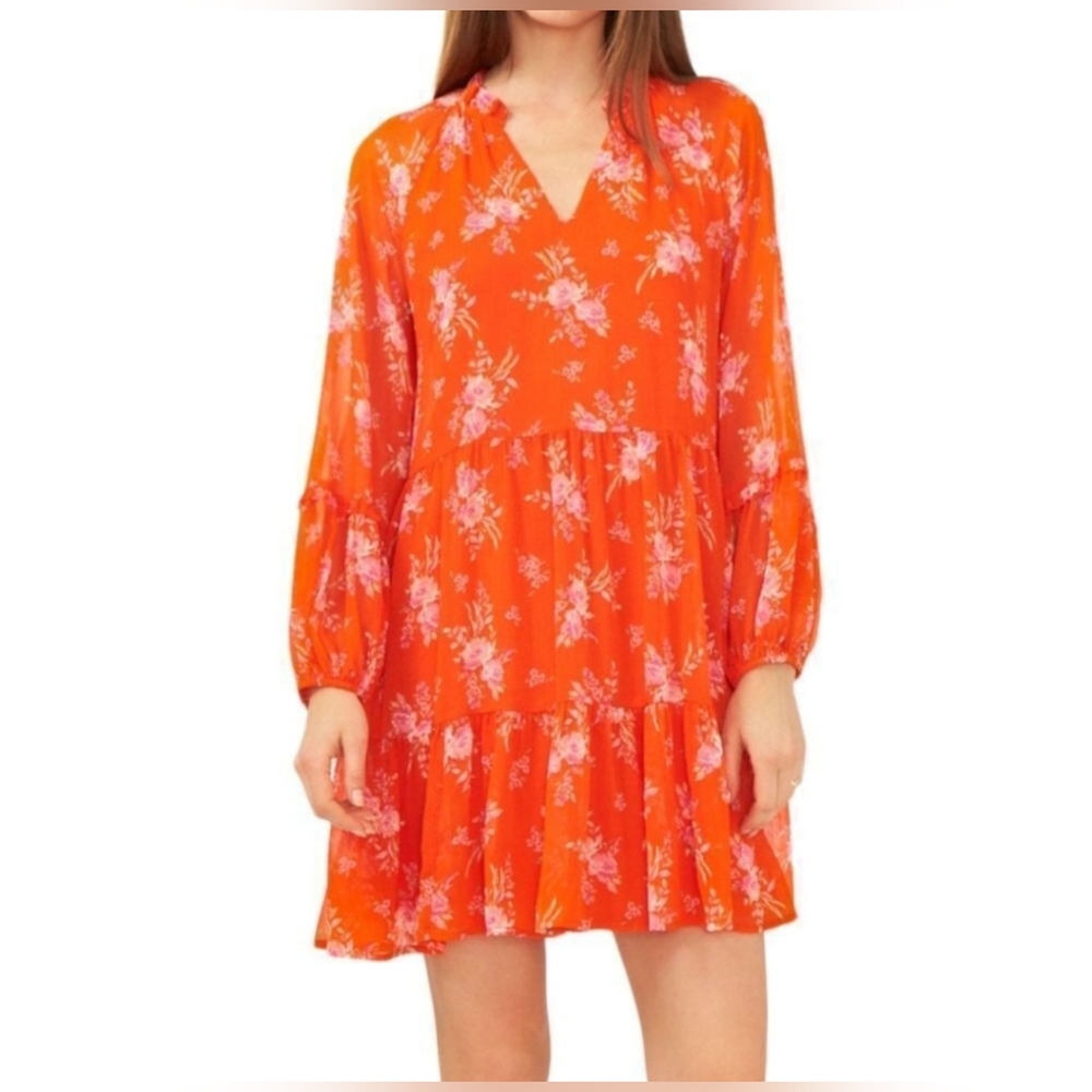 Vince Camuto Orange Floral Tiered Long-Sleeve Dress